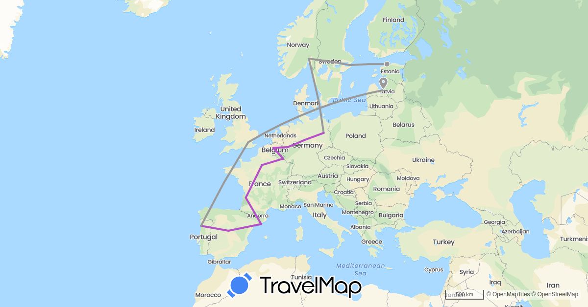 TravelMap itinerary: driving, plane, train in Belgium, Germany, Denmark, Estonia, Spain, France, United Kingdom, Luxembourg, Latvia, Norway, Portugal, Sweden (Europe)
